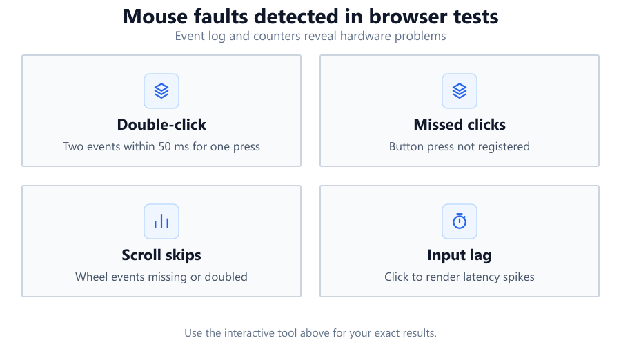 Grid of four icons representing mouse lag, poor sensor tracking, incorrect DPI settings, and display lag as common issues diagnosed by…