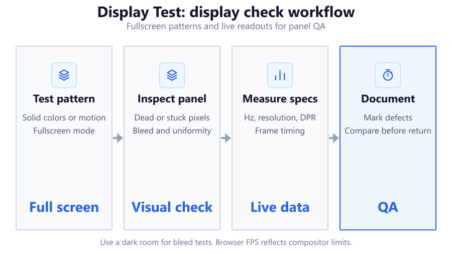 A pipeline diagram showing the flow from test selection through browser-based rendering to live visual feedback and export options for…