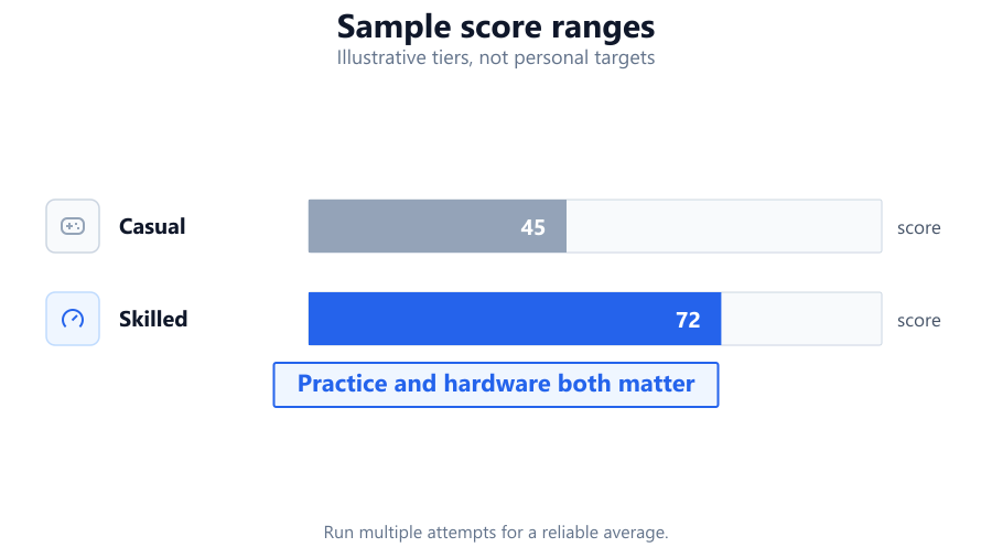 Horizontal bar chart comparing user's last, best, average, and median reaction times, with a percentile marker and age group comparison.