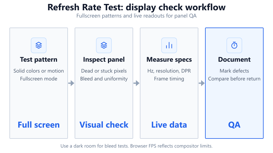 Pipeline schematic showing browser input, requestAnimationFrame timing, live Hz calculation, and result export for refresh rate testing.