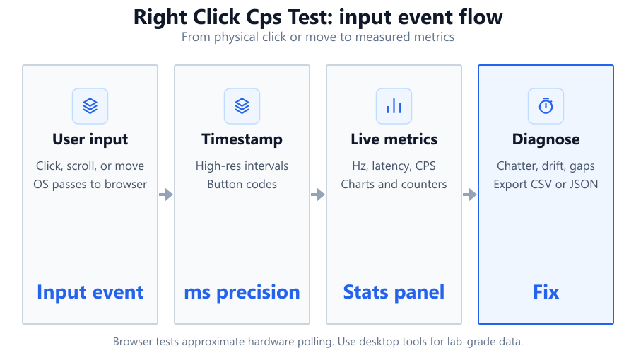A schematic diagram showing the process of right-click input detection, blocking the context menu, real-time CPS calculation, and…