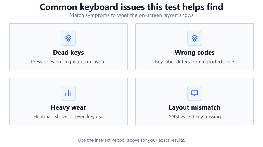 Grid of four icons representing common typing problems such as fluctuating WPM, low accuracy, missed modifier keys, and hardware issues.